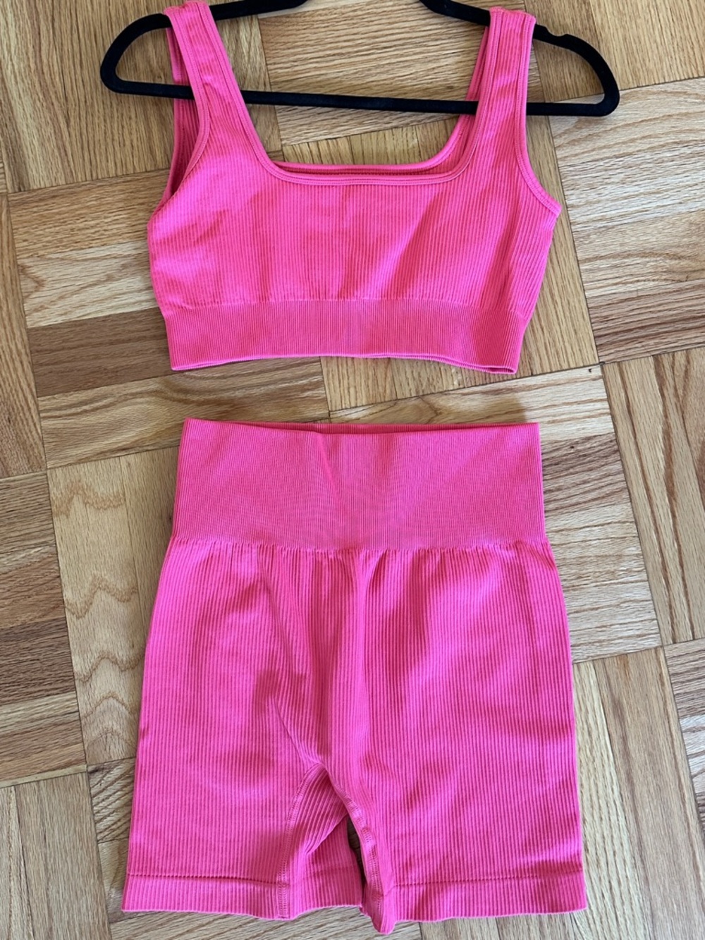 Seamless Ribbed Crop Tank and High-Waist Leggings Set - Hot Pink